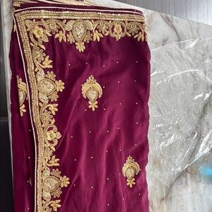 Elegant Maroon and Gold Embroidered Fabric saree